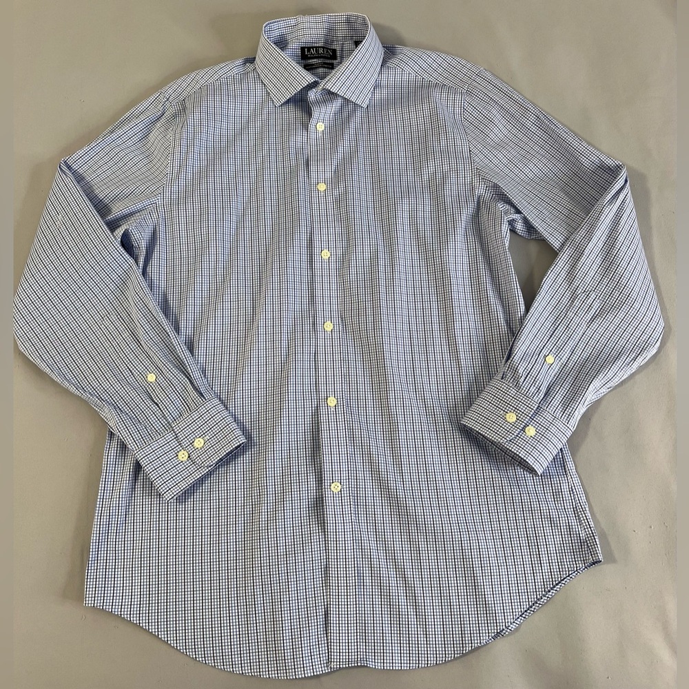 Lauren Ralph Lauren Slim Fit Shirt Men L 16 32/33 Blue Check Performance Stretch